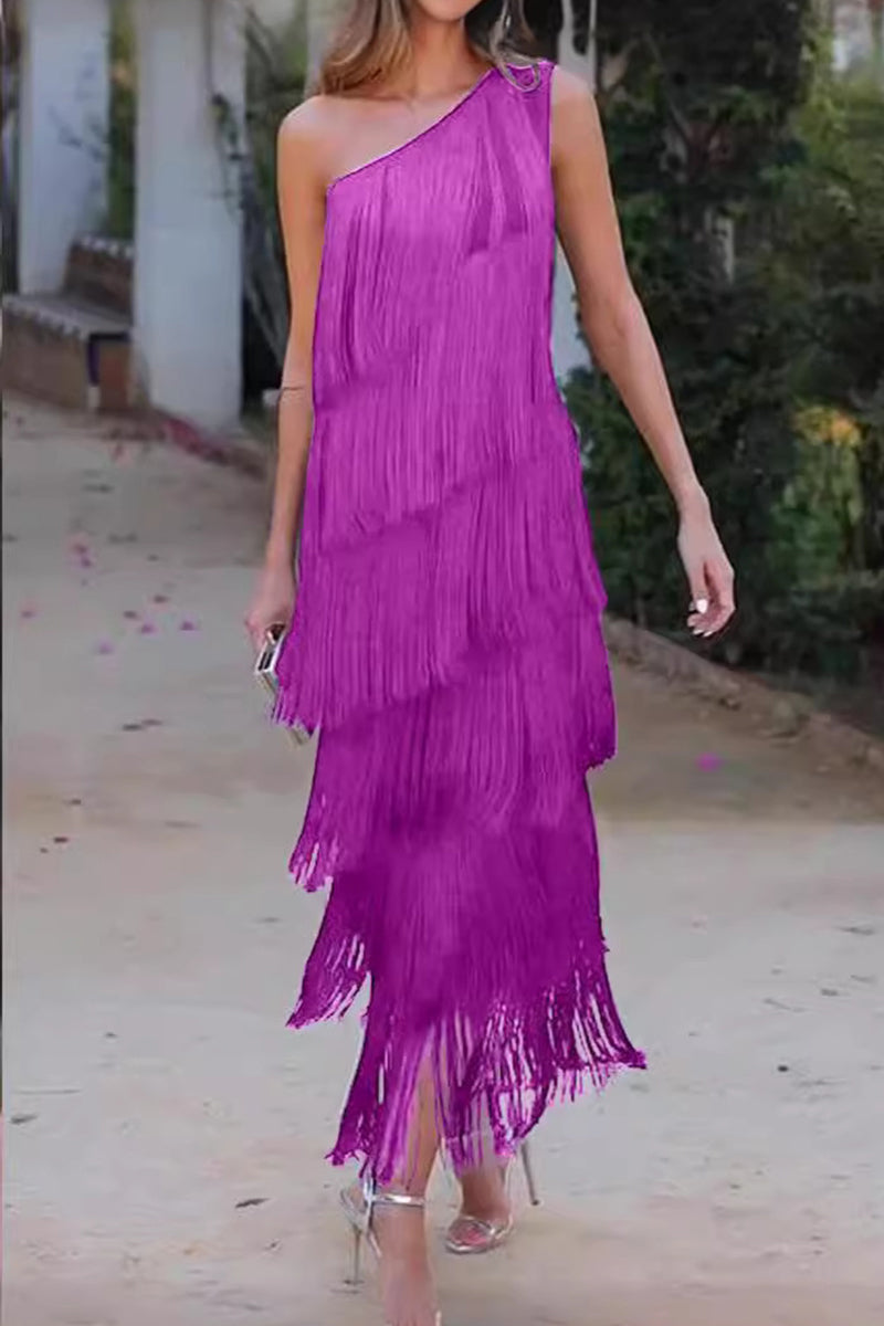 Vestido sexy irregular con borlas sólidas y cuello oblicuo (5 colores)