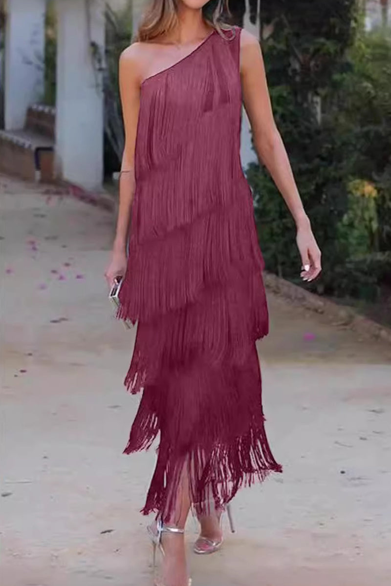 Vestido sexy irregular con borlas sólidas y cuello oblicuo (5 colores)