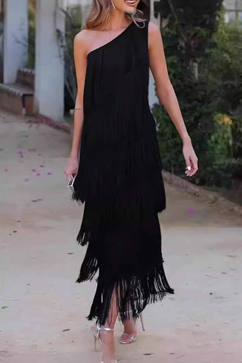 Vestido sexy irregular con borlas sólidas y cuello oblicuo (5 colores)