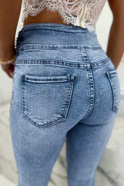 Vaqueros ajustados de cintura alta con perlas lisas y sexys