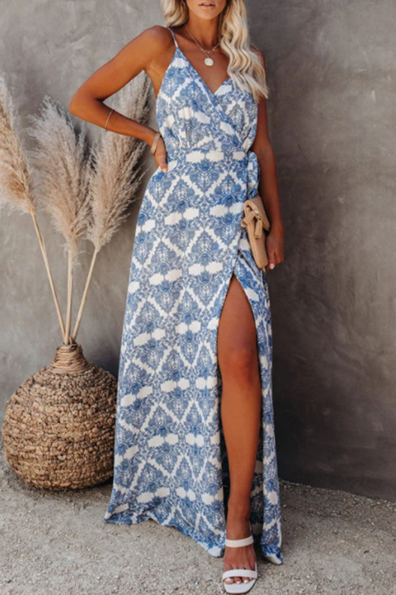 Vestido sexy con estampado geométrico, espalda descubierta, abertura en el cuello en V y tirantes finos.