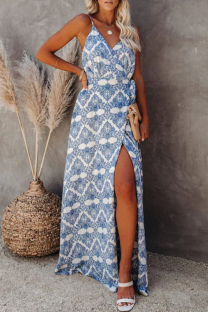 Vestido sexy con estampado geométrico, espalda descubierta, abertura en el cuello en V y tirantes finos.