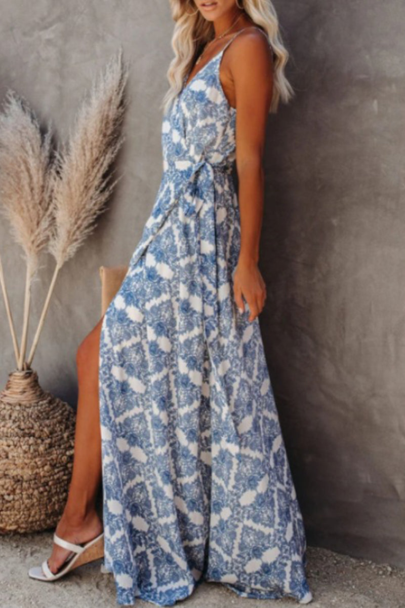 Vestido sexy con estampado geométrico, espalda descubierta, abertura en el cuello en V y tirantes finos.