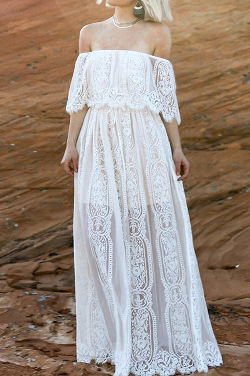 Elegante vestido de corte A con hombros descubiertos y encaje transparente