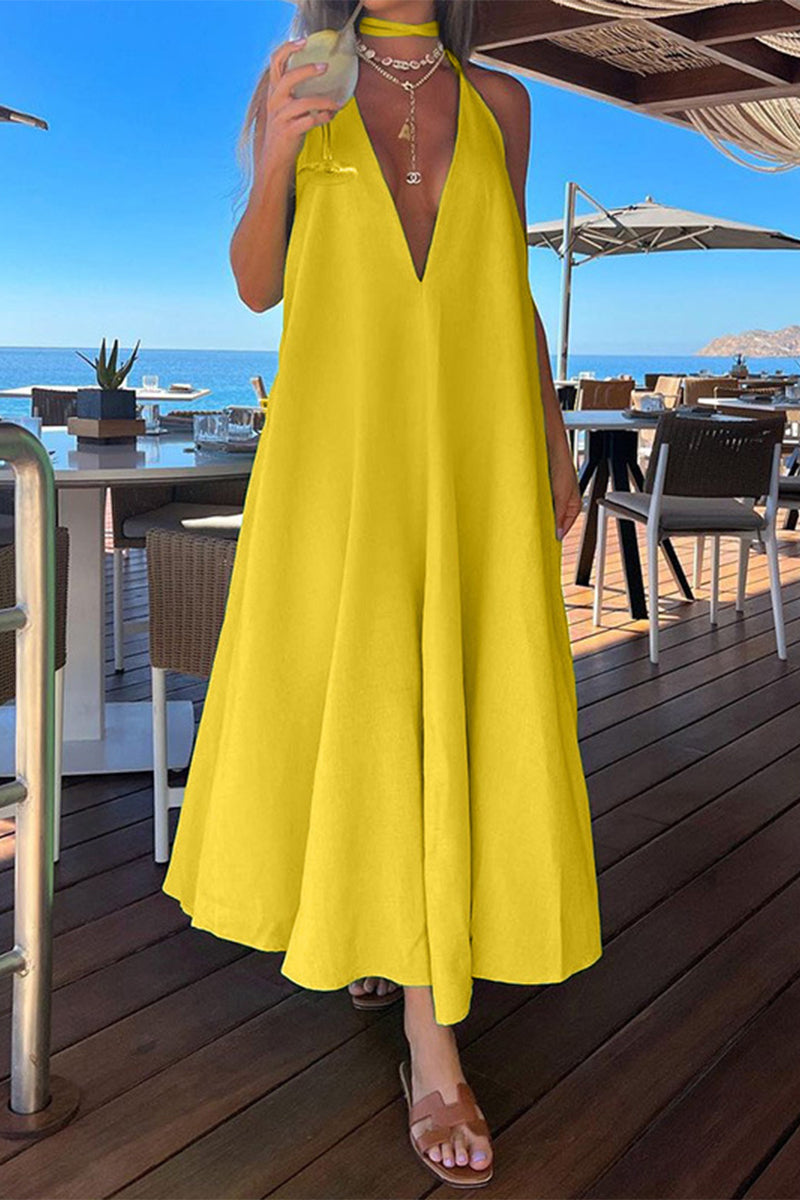 Vestido elegante, sencillo, liso, con cuello halter, sin mangas (5 colores)