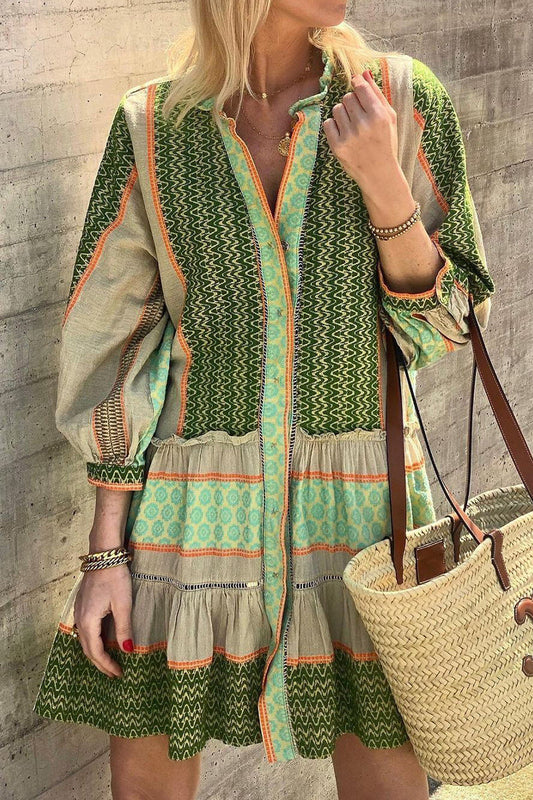 Vestidos casuales vintage con estampado geométrico, volantes, cuello en V, corte A