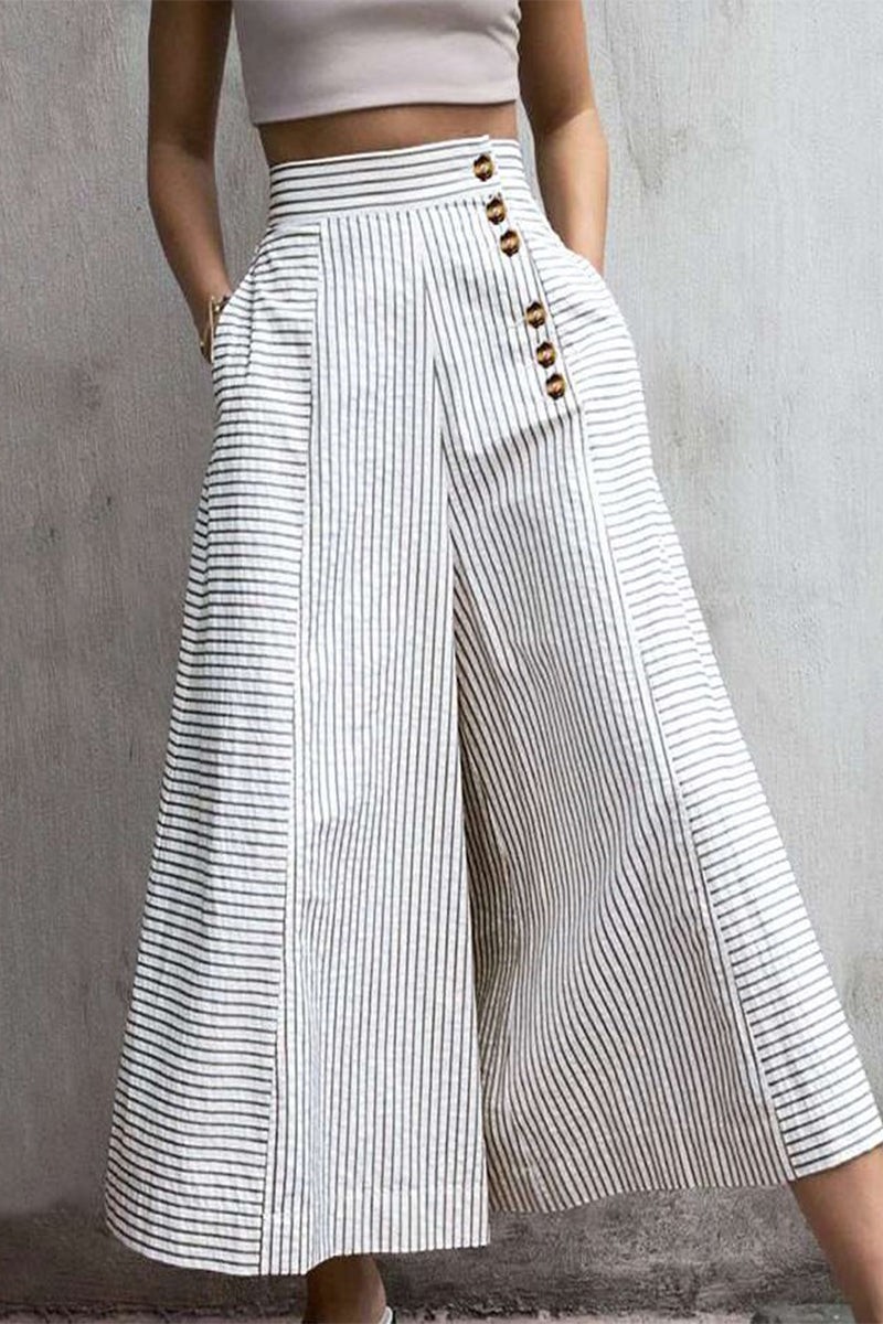 Pantalones casuales a rayas con bolsillos y botones, holgados, de cintura alta y pierna ancha, con estampado completo (3 colores)