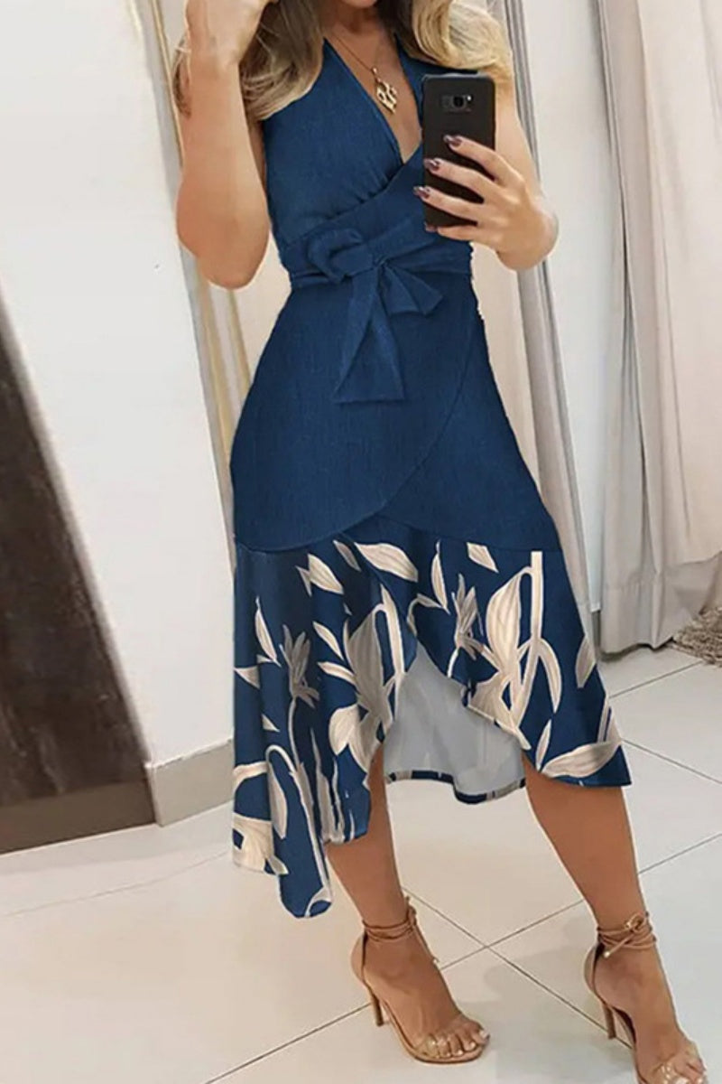 Vestido informal sin mangas con cuello en V y frenillo con estampado de patchwork