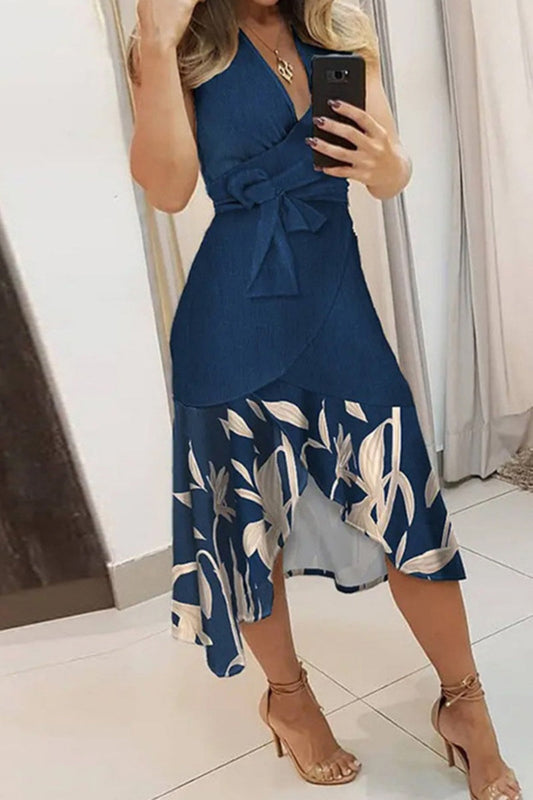 Vestido informal sin mangas con cuello en V y frenillo con estampado de patchwork