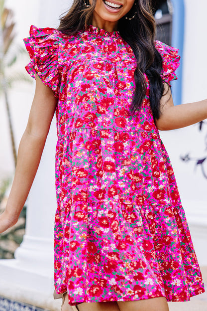 Vestido elegante y dulce con estampado floral, volantes y cuello de hoja de loto.