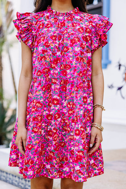 Vestido elegante y dulce con estampado floral, volantes y cuello de hoja de loto.