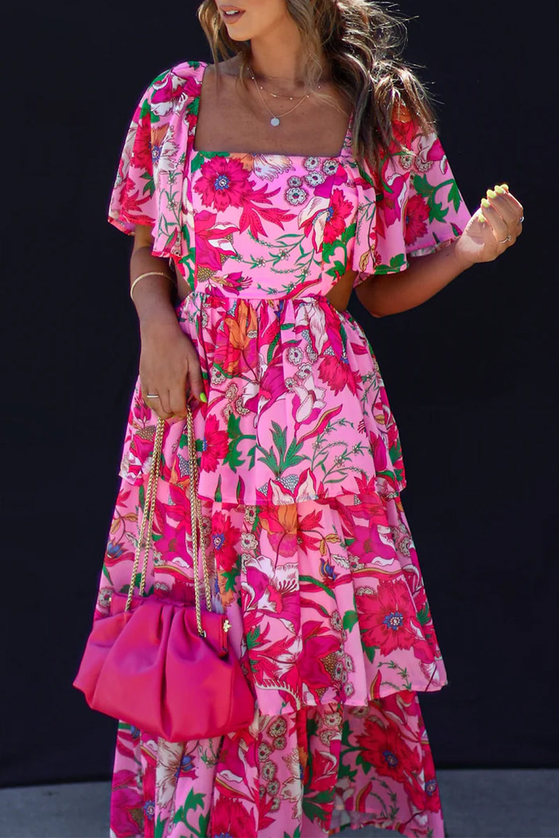 Elegante vestido de fiesta con estampado floral, volantes, cuello cuadrado y corte A