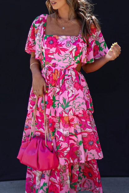 Elegante vestido de fiesta con estampado floral, volantes, cuello cuadrado y corte A