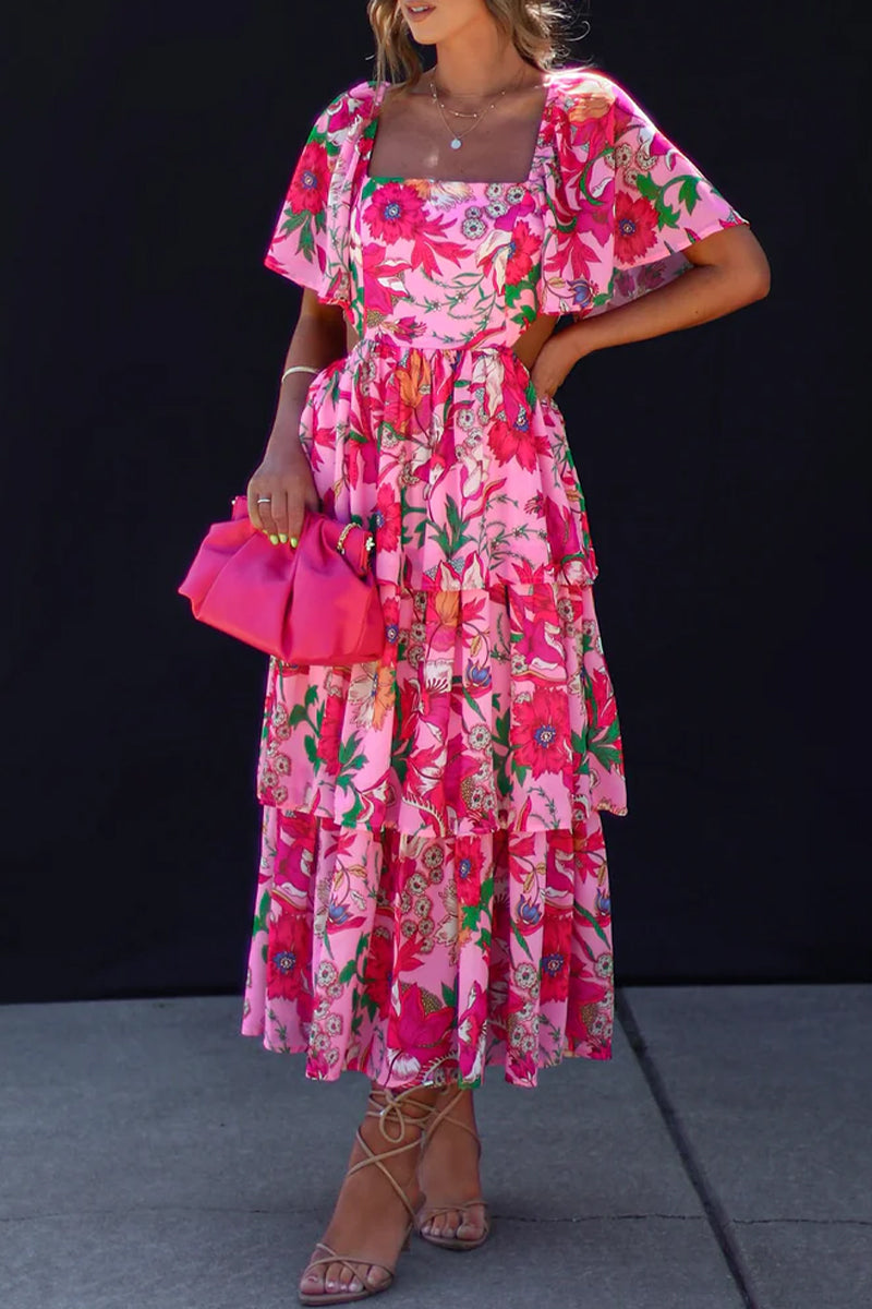 Elegante vestido de fiesta con estampado floral, volantes, cuello cuadrado y corte A