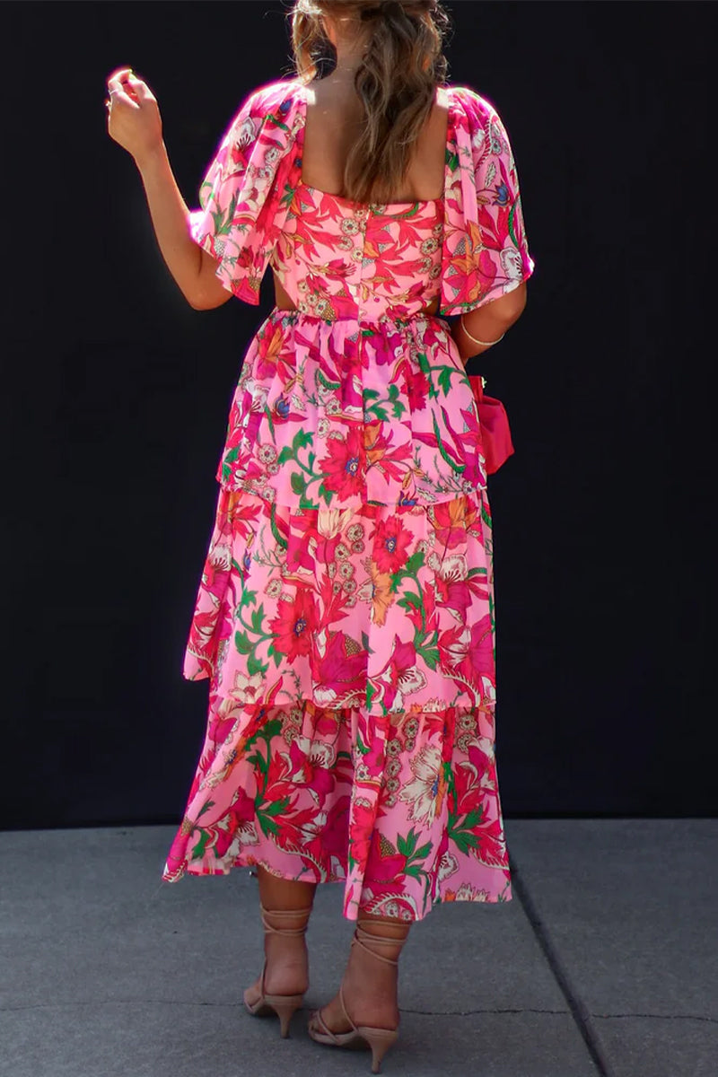 Elegante vestido de fiesta con estampado floral, volantes, cuello cuadrado y corte A