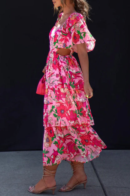 Elegante vestido de fiesta con estampado floral, volantes, cuello cuadrado y corte A