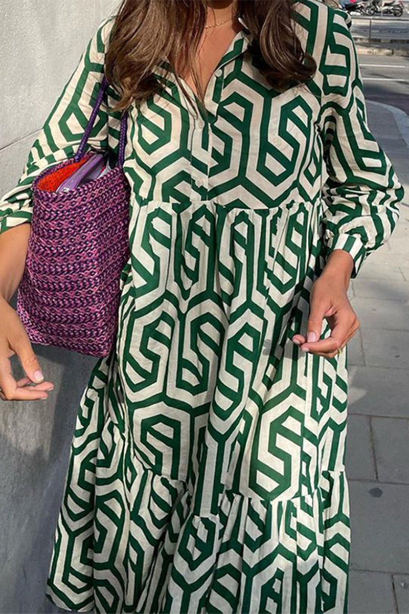 Vestido camisero informal vintage con estampado geométrico y hebilla y cuello vuelto