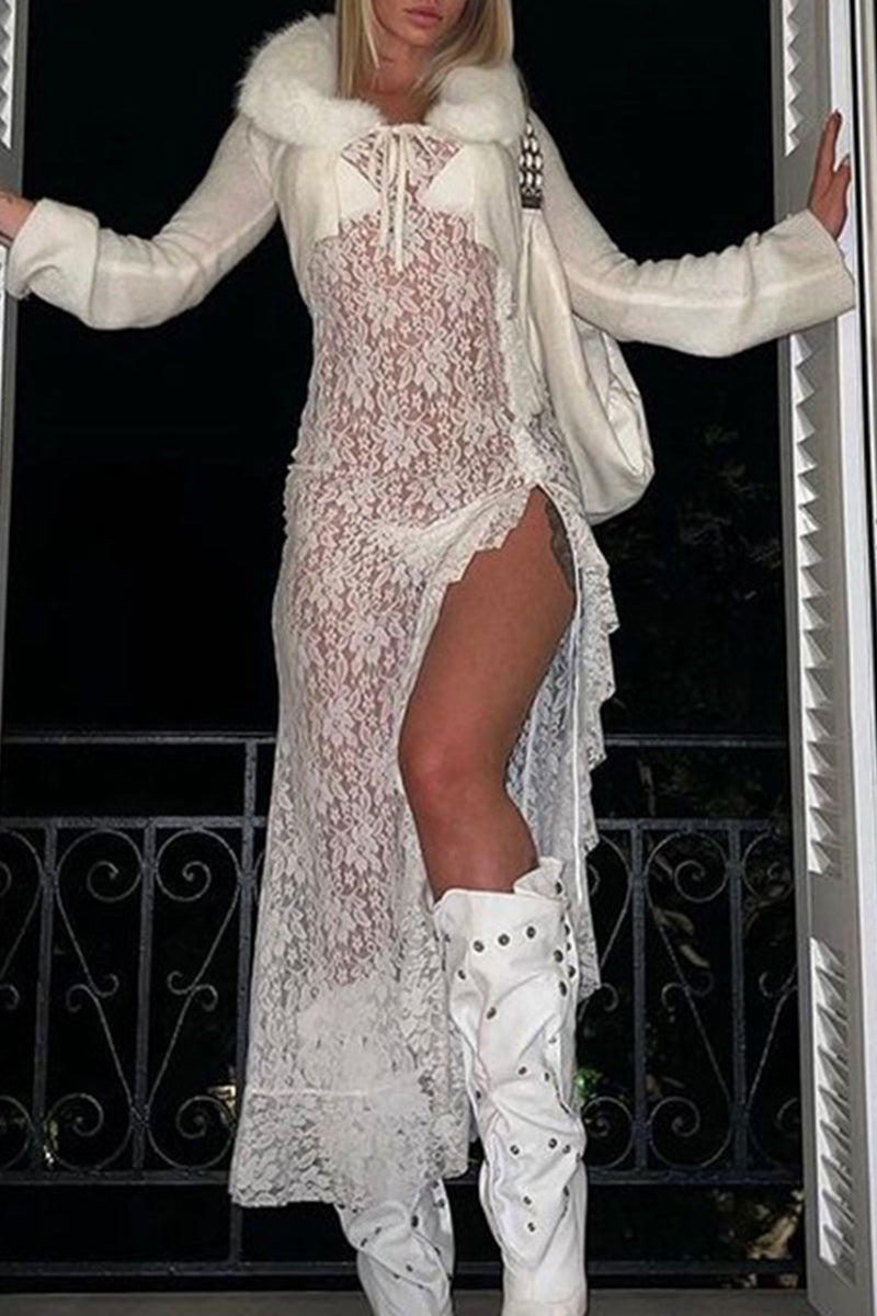 Vestido sexy de tirantes con escote en V, abertura y espalda descubierta, transparente y liso