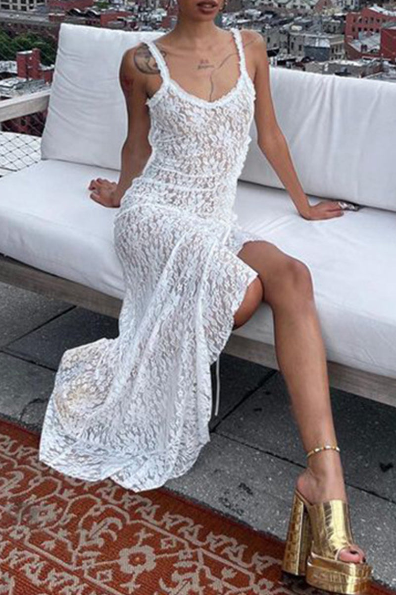 Vestido sexy de tirantes con escote en V, abertura y espalda descubierta, transparente y liso