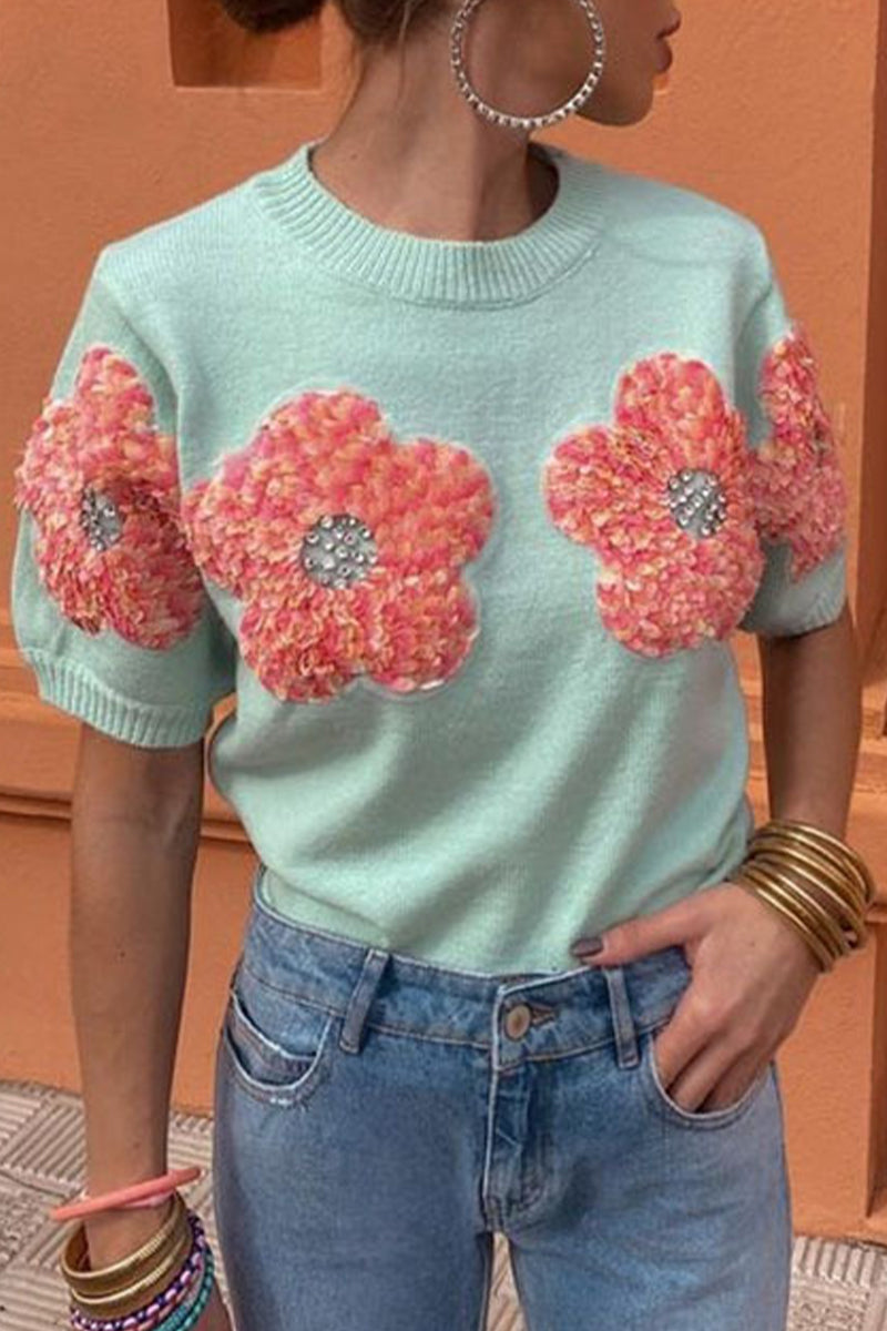 Blusas de cuello redondo con contraste y apliques sólidos dulces