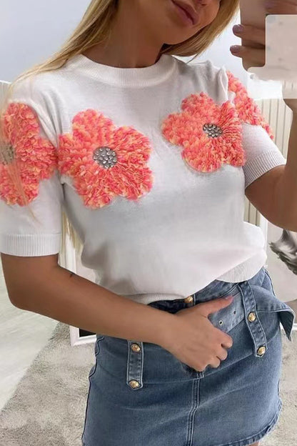Sweet Solid Appliques Contrast O Neck Sweaters(4 Colors)