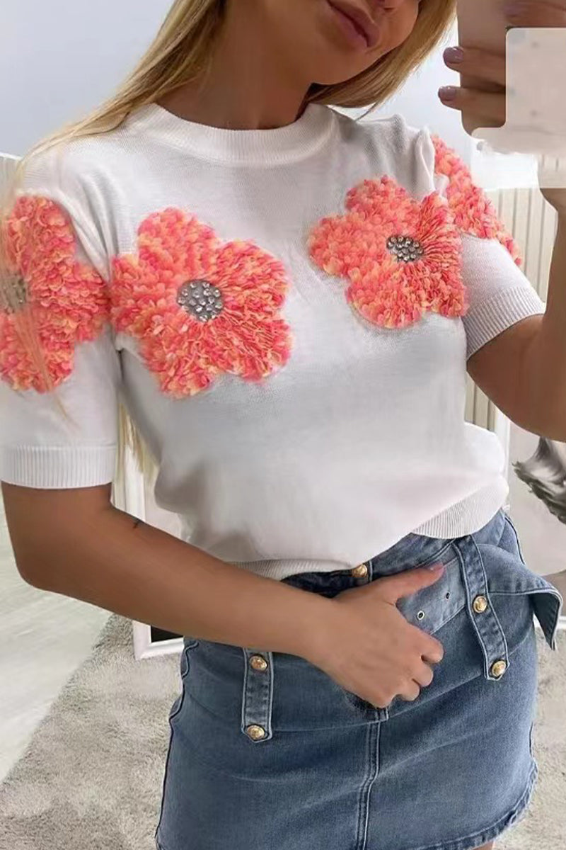 Blusas de cuello redondo con contraste y apliques sólidos dulces