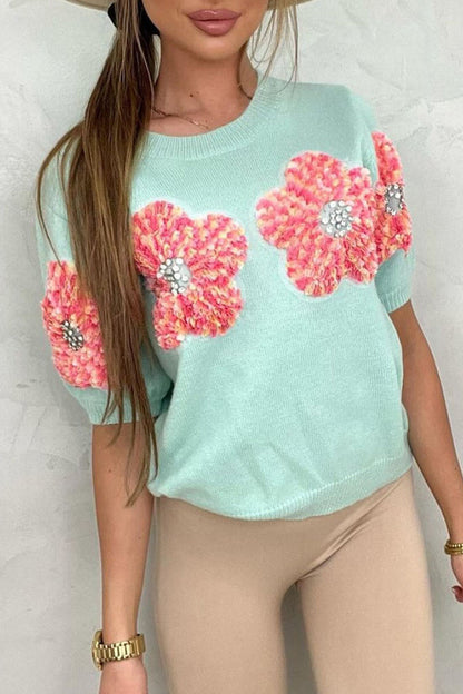 Blusas de cuello redondo con contraste y apliques sólidos dulces