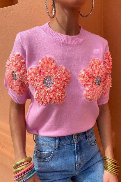 Blusas de cuello redondo con contraste y apliques sólidos dulces