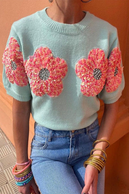 Blusas de cuello redondo con contraste y apliques sólidos dulces