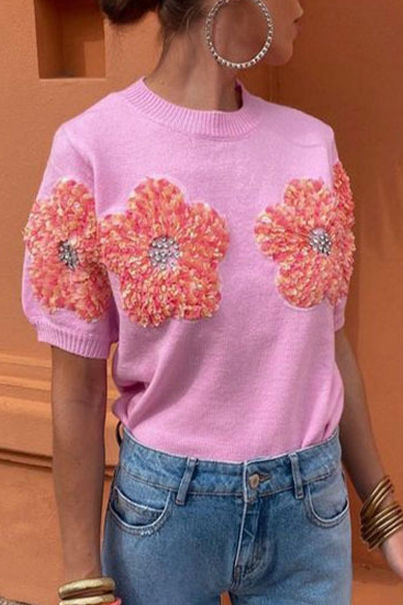 Blusas de cuello redondo con contraste y apliques sólidos dulces