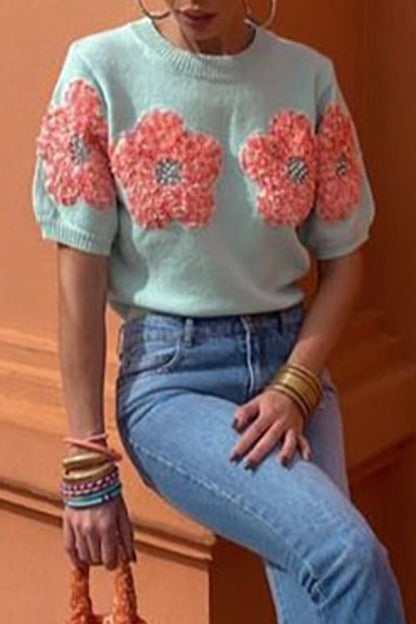 Blusas de cuello redondo con contraste y apliques sólidos dulces