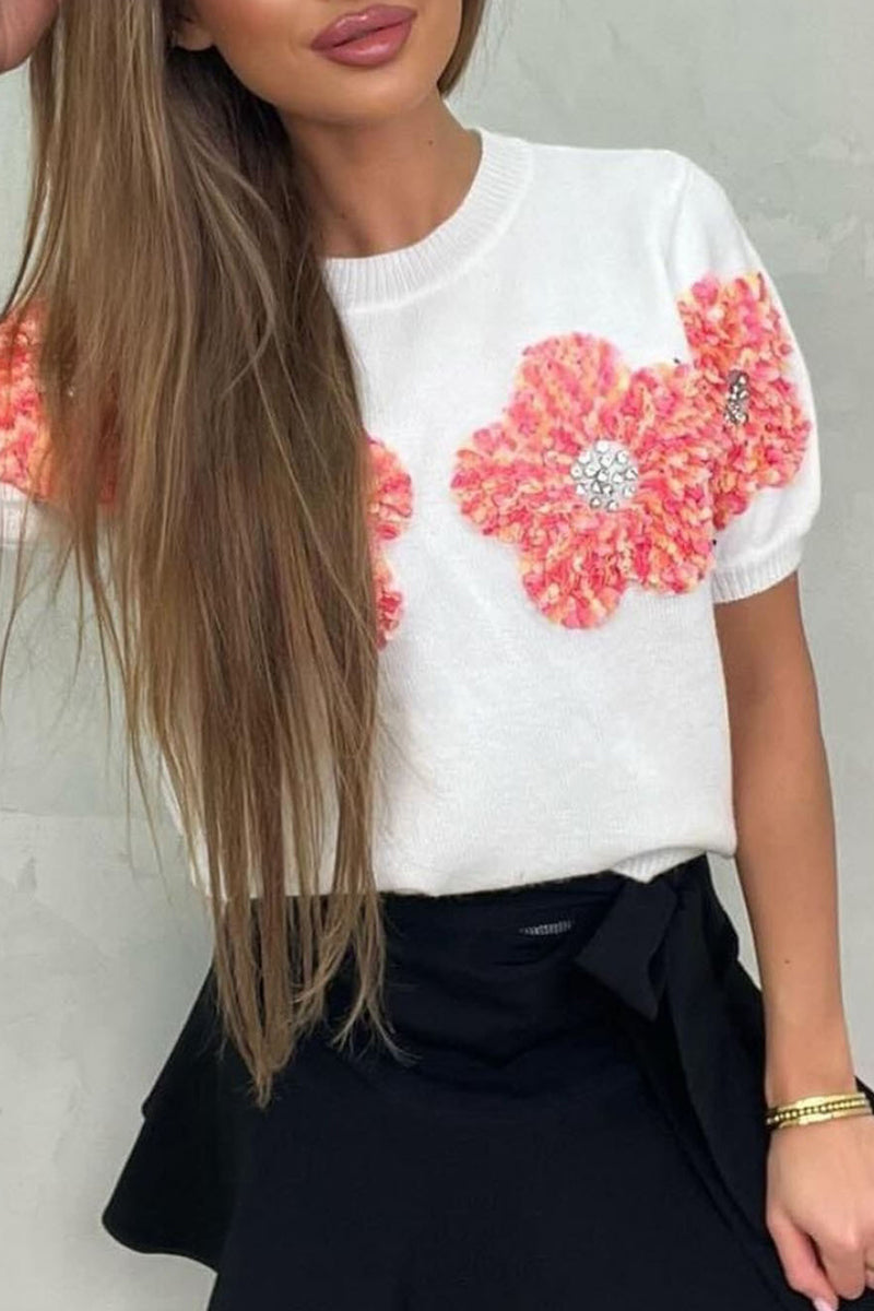 Blusas de cuello redondo con contraste y apliques sólidos dulces