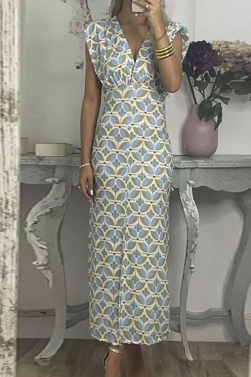 Vestidos elegantes de celebridades con estampado geométrico en contraste, escote en V y falda de un solo paso