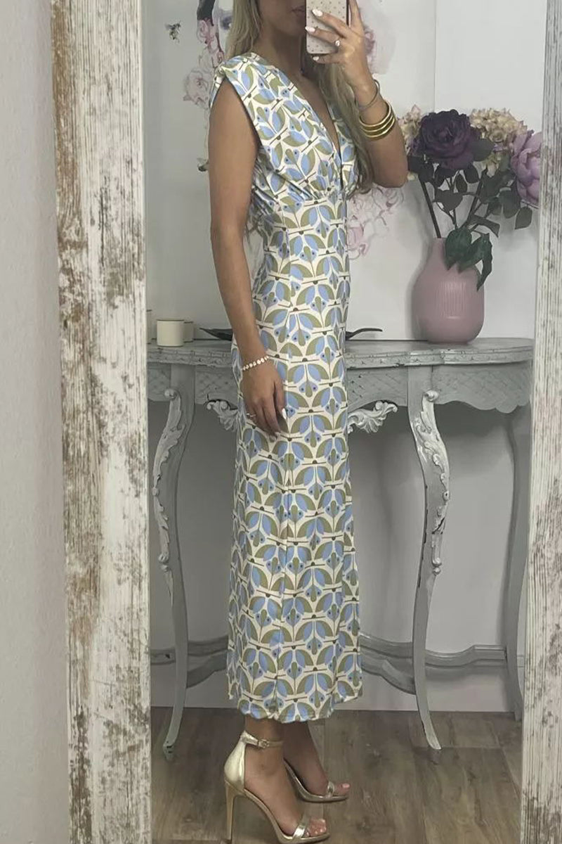 Vestidos elegantes de celebridades con estampado geométrico en contraste, escote en V y falda de un solo paso