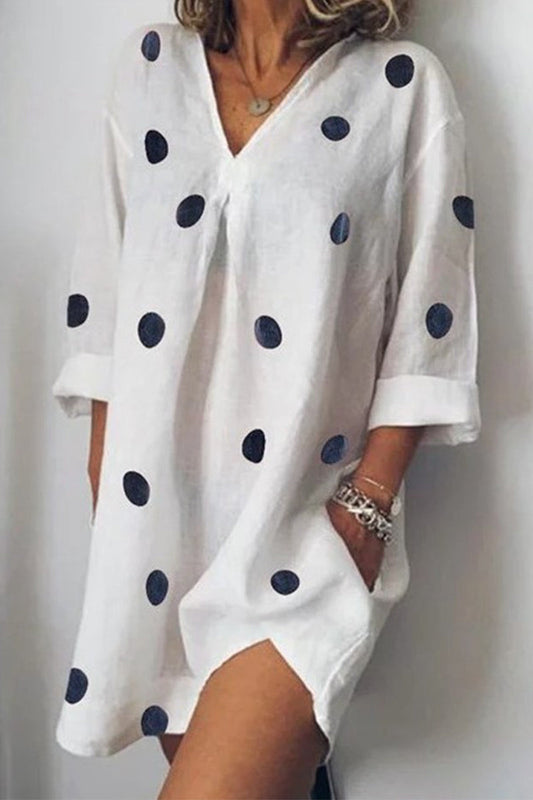 Vestido informal con estampado de lunares, cuello en V y bolsillos (4 colores)