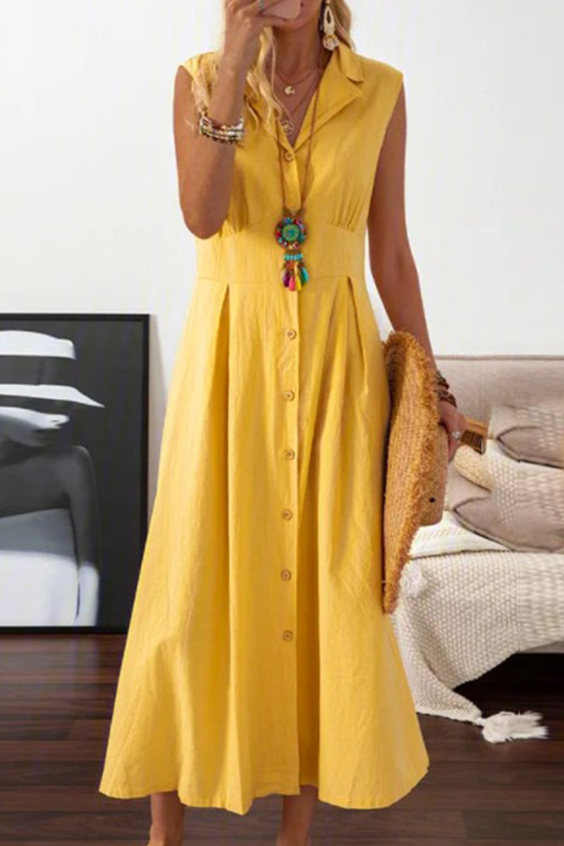 Vestidos casuales con falda y cintura con cuello vuelto y hebilla sólida (4 colores)