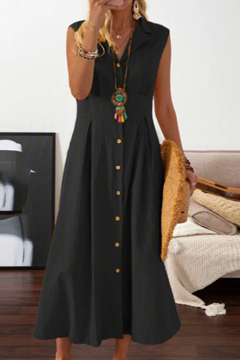 Vestidos casuales con falda y cintura con cuello vuelto y hebilla sólida (4 colores)