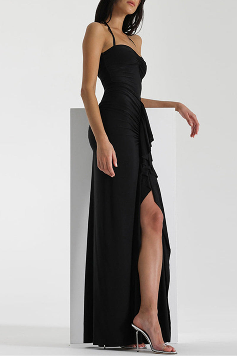 Vestidos sexys de falda cruzada con cuello halter, abertura y espalda descubierta, sólidos