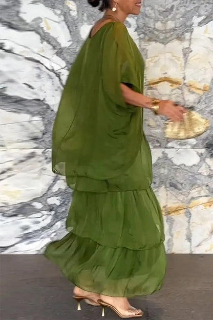Elegantes vestidos de línea A con cuello redondo y volantes sólidos