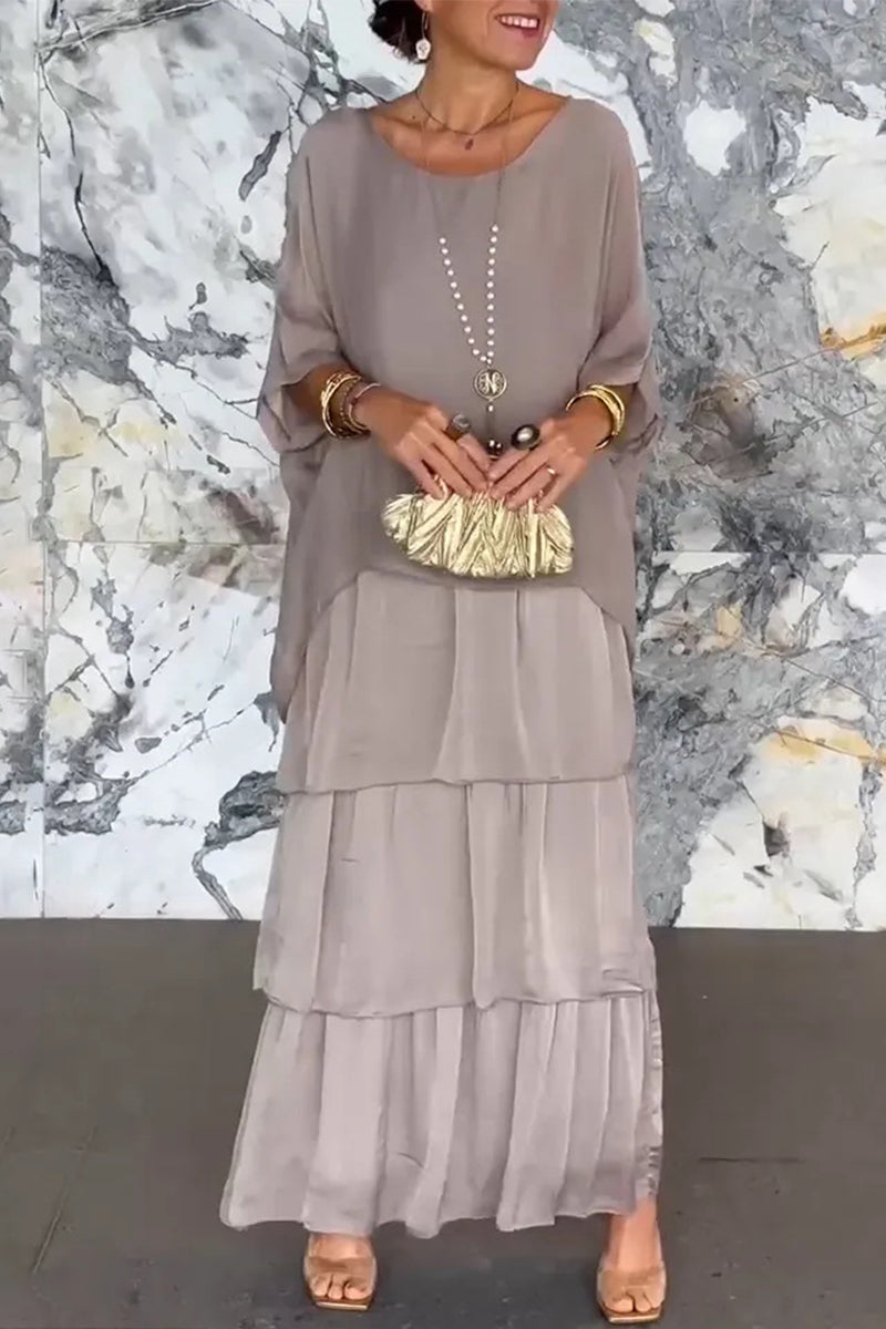 Elegantes vestidos de línea A con cuello redondo y volantes sólidos