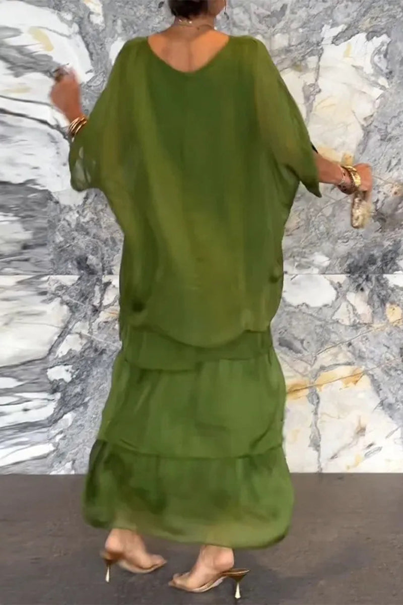 Elegantes vestidos de línea A con cuello redondo y volantes sólidos