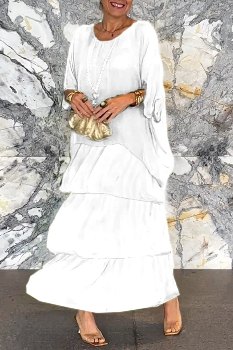 Elegantes vestidos de línea A con cuello redondo y volantes sólidos