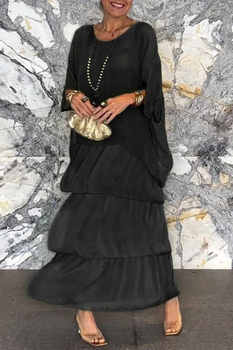 Elegantes vestidos de línea A con cuello redondo y volantes sólidos