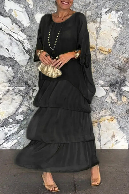 Elegantes vestidos de línea A con cuello redondo y volantes sólidos