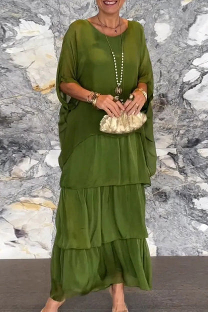 Elegantes vestidos de línea A con cuello redondo y volantes sólidos