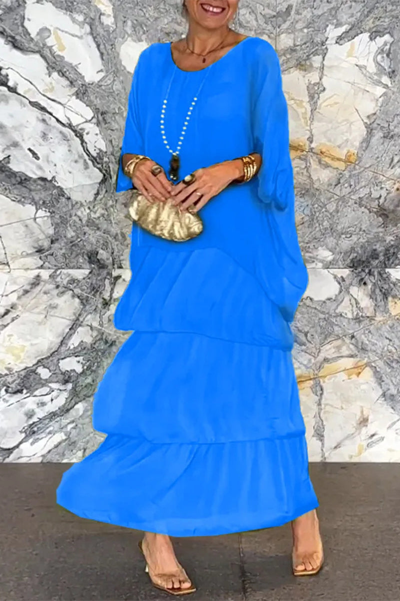 Elegantes vestidos de línea A con cuello redondo y volantes sólidos