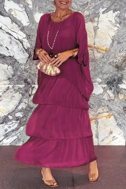 Elegantes vestidos de línea A con cuello redondo y volantes sólidos