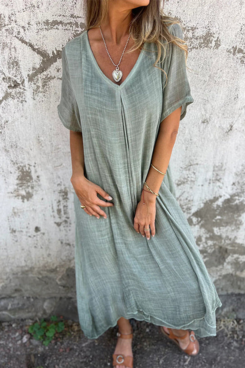 Vestido informal sencillo de manga corta con cuello en V y parches lisos