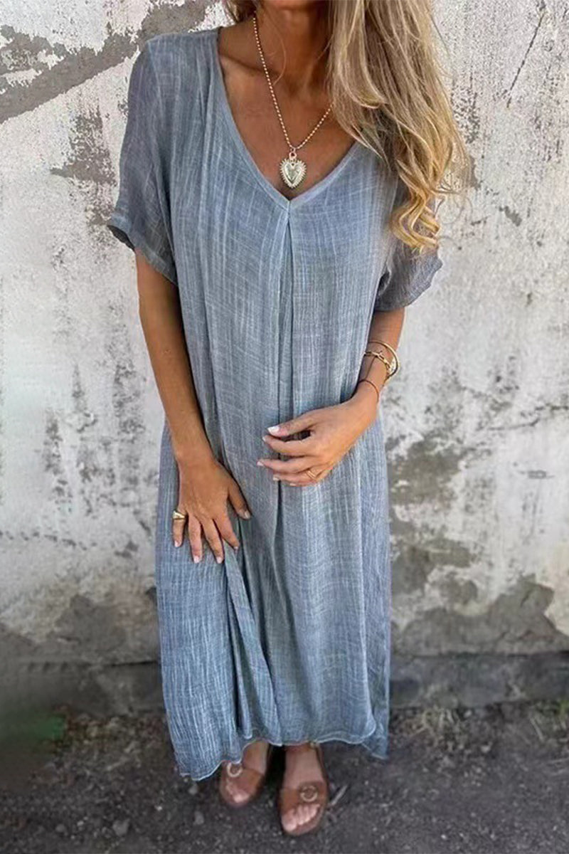 Vestido informal sencillo de manga corta con cuello en V y parches lisos
