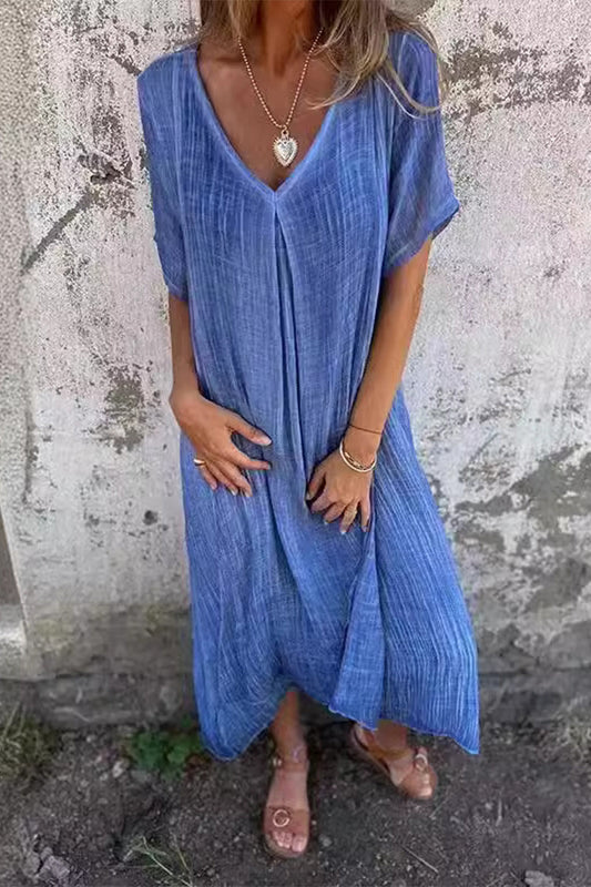 Vestido informal sencillo de manga corta con cuello en V y parches lisos